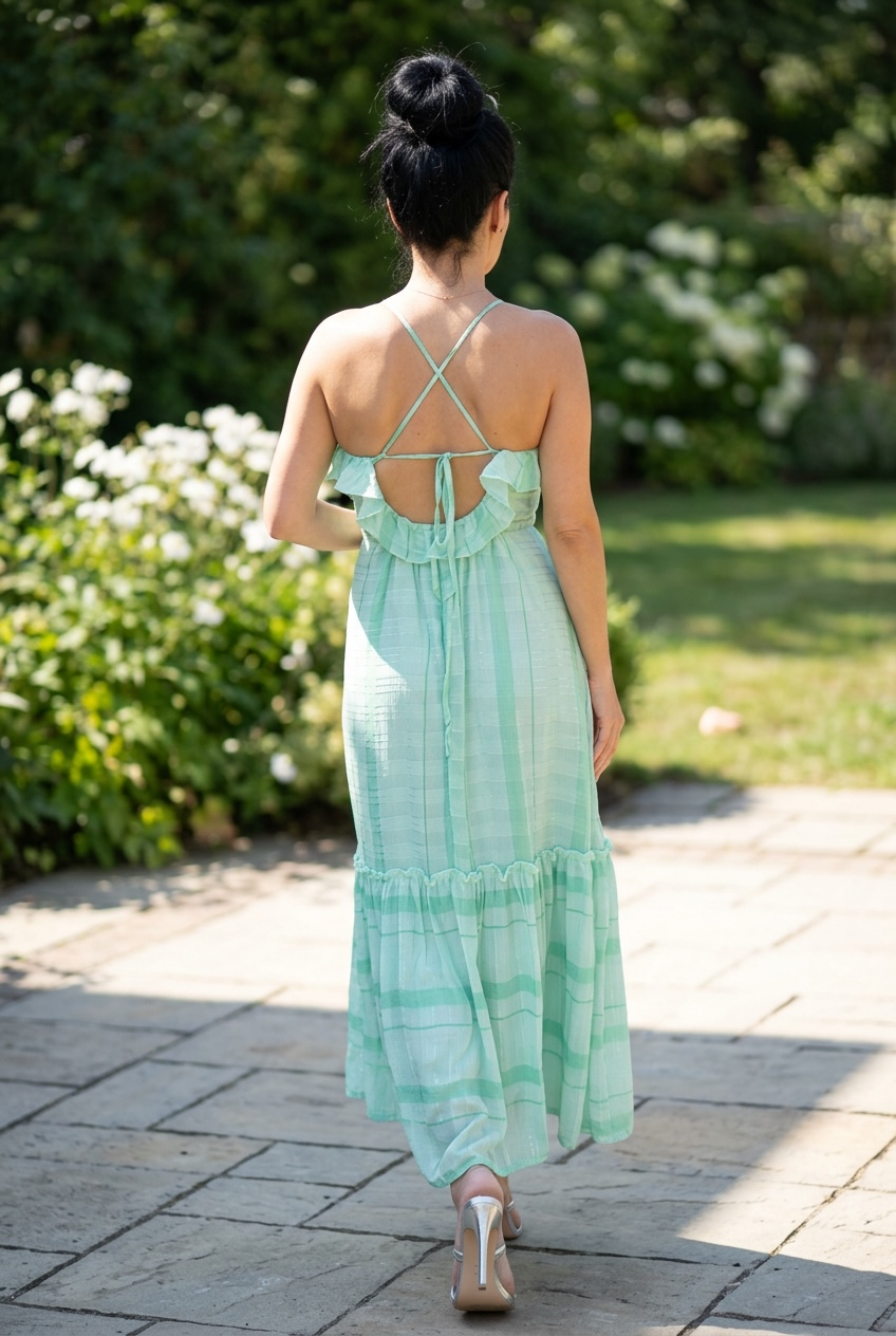 WOMEN'S SLEEVELESS OPEN BACK RUFFLE TIERED STRIPES MAXI DRESS