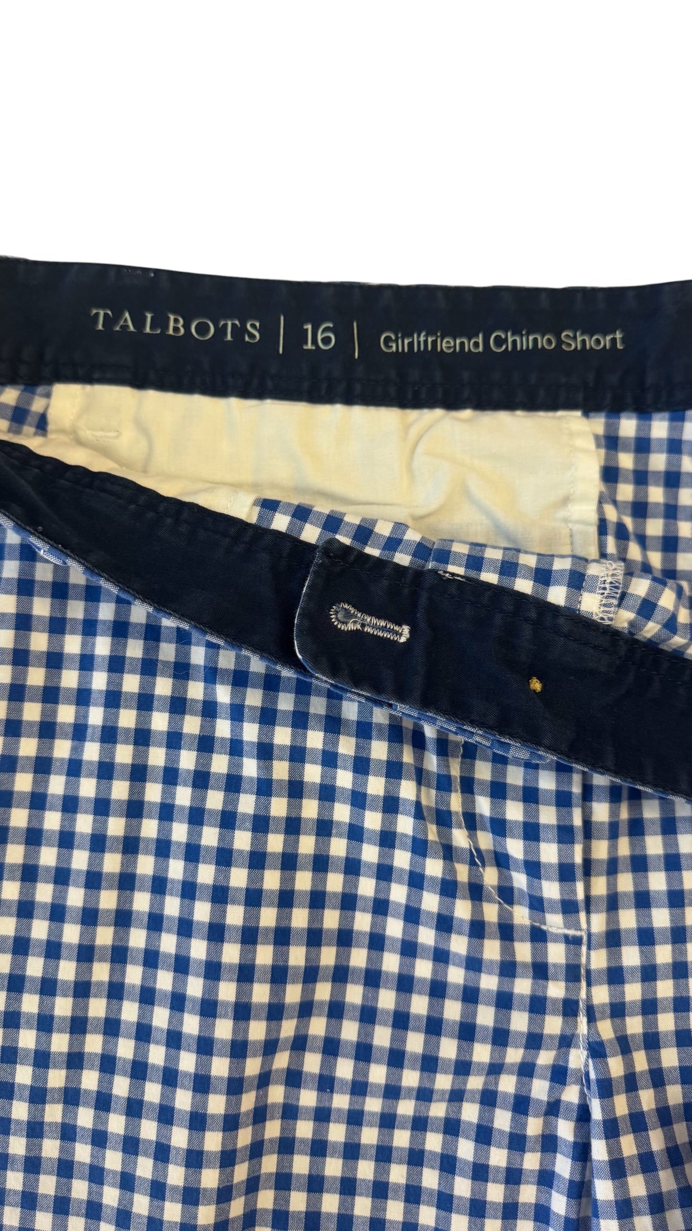 TALBOTS BLUE GINGHAM GIRLFRIEND CHINO SHORTS – SIZE 16