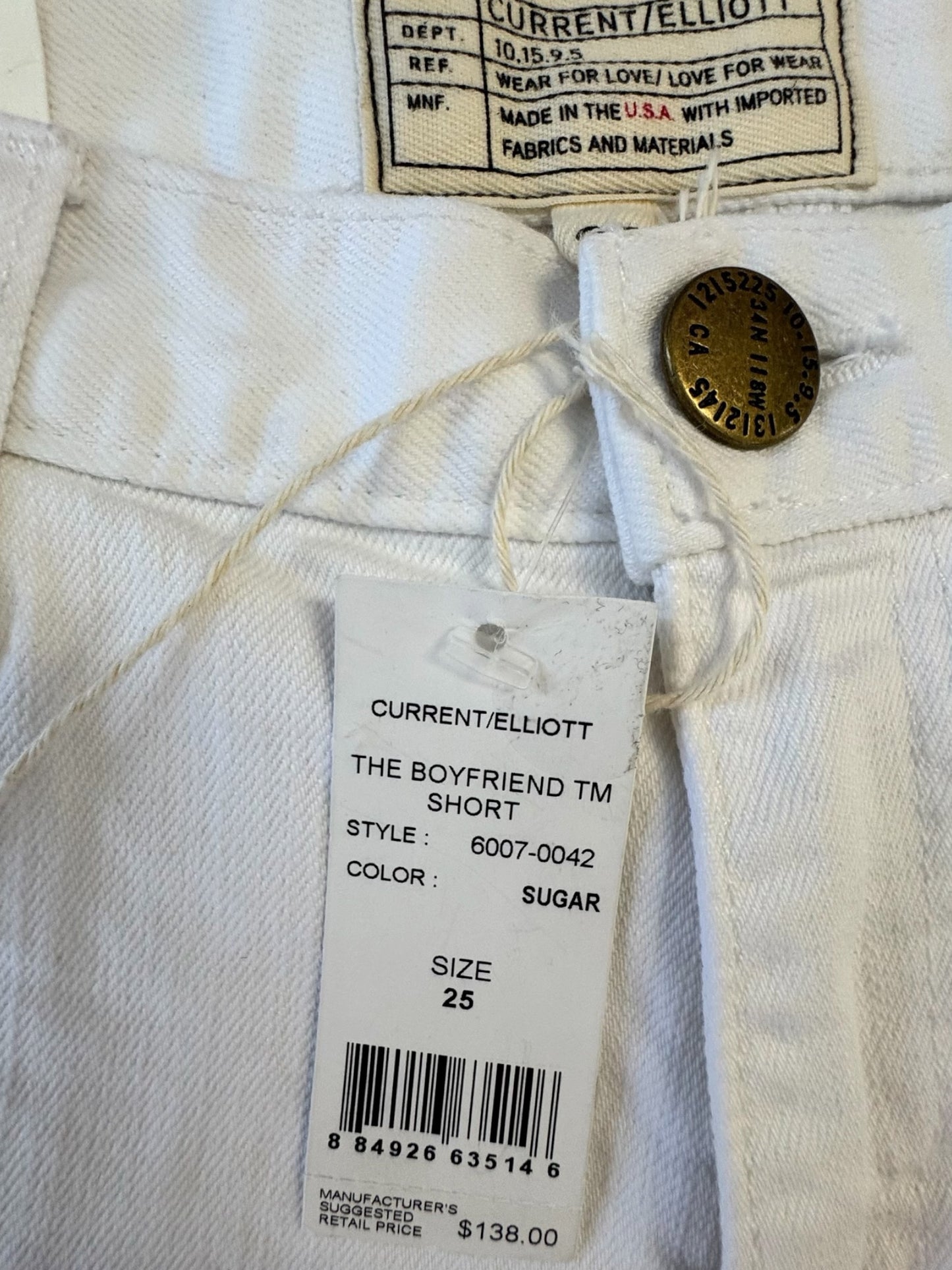 CURRENT/ELLIOTT THE BOYFRIEND WHITE DENIM SHORTS – SIZE 25 /XS – NWT