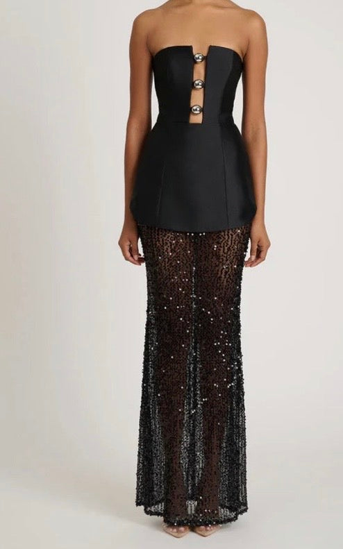 BLACK STRAPLESS SEQUIN MESH MAXI DRESS SIZE M