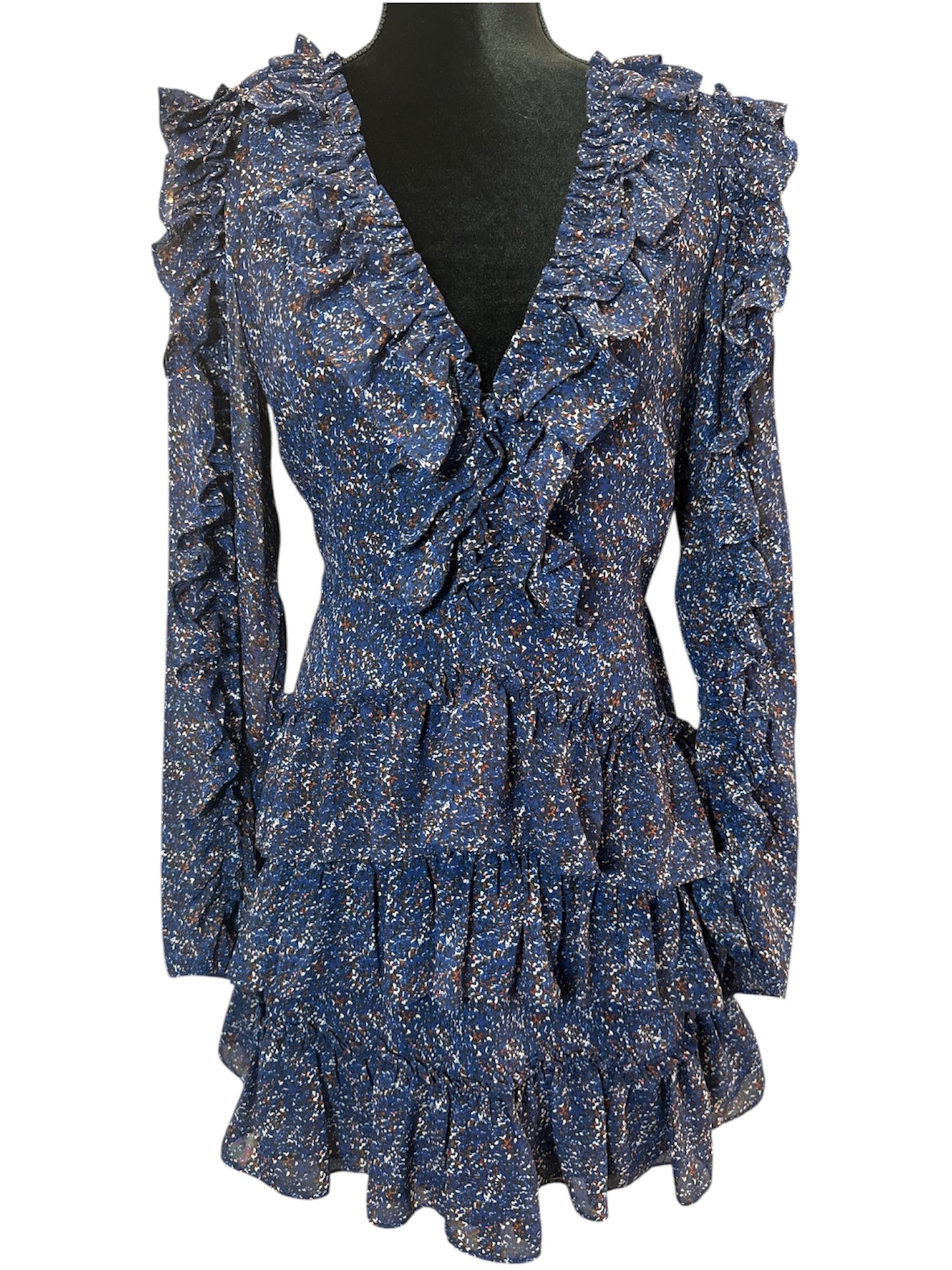 BLUSH BOUTIQUE NAVY FLORAL RUFFLE MINI DRESS – SIZE S