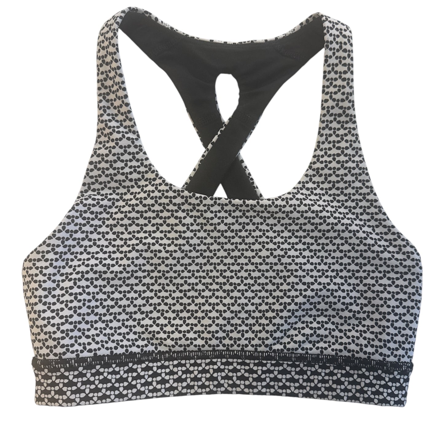 LULULEMON BLACK & WHITE SPECKLED CROSS-BACK SPORTS BRA – SIZE 2