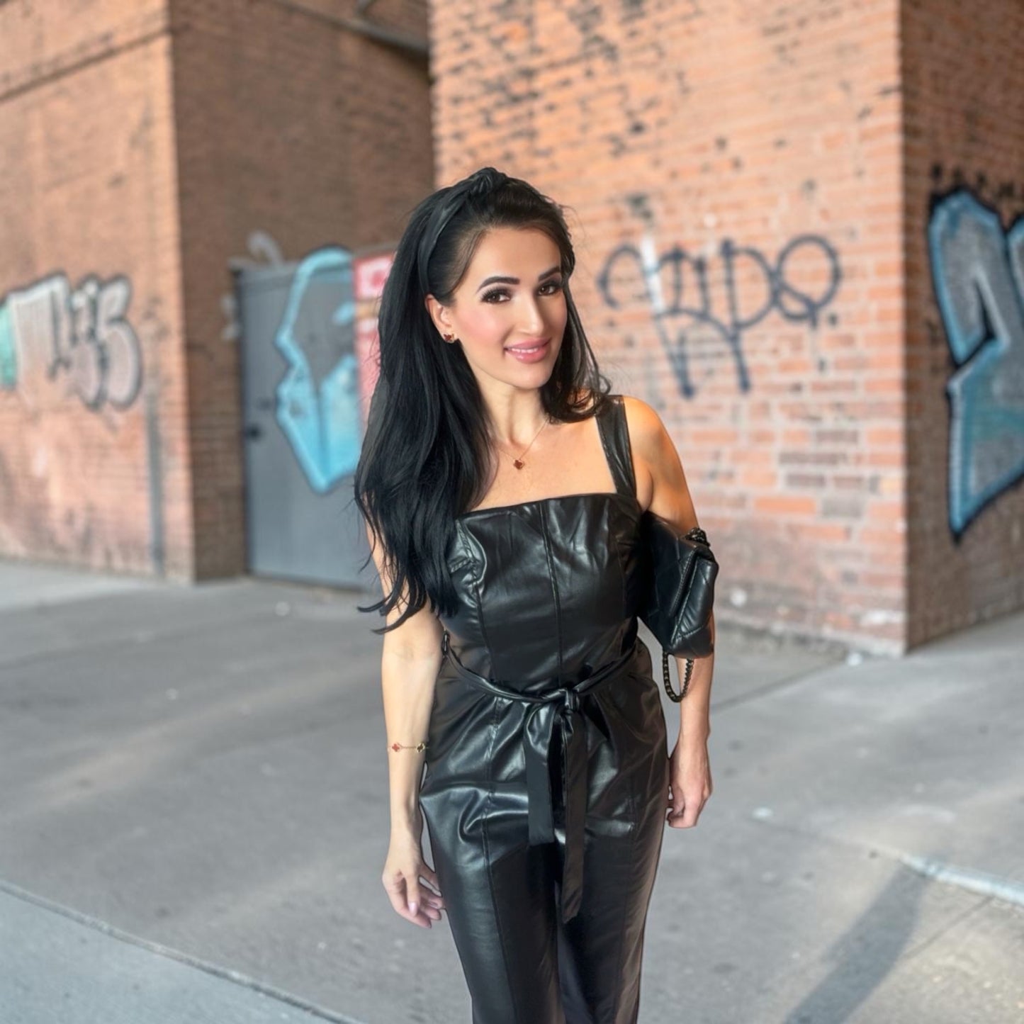 WOMEN'S SLEEVELESS PU LEATHER SELF TIE WIDE LEG JUMPSUIT