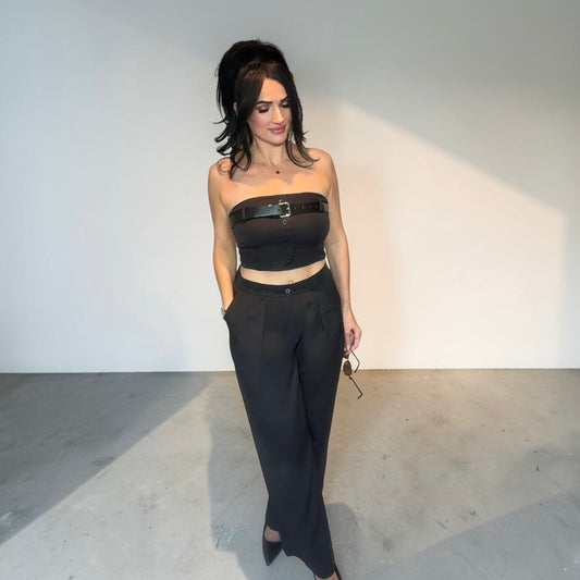 WOMEN'S SLEEVELESS CROP TOP & BUTTON CLOSURE PANTS BELTED SOLID 2PC. SET