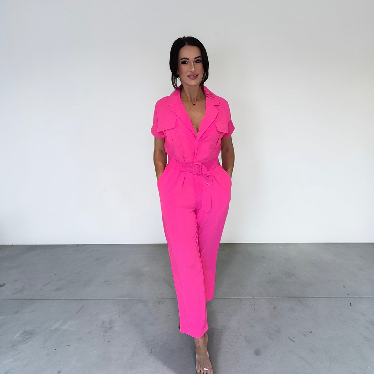 WOMEN'S SHORT SLEEVE BUTTON CLOSURE POCKETS BELTED JUMPSUIT