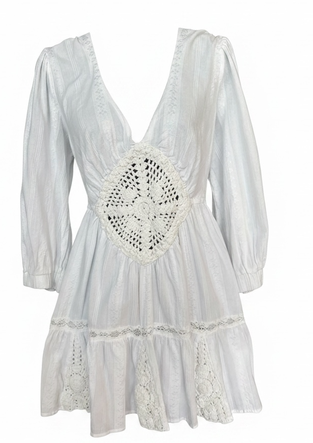 FREE PEOPLE WHITE CROCHET LACE BOHO MINI DRESS – XS