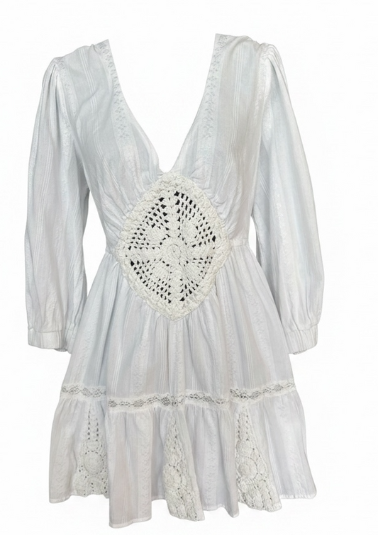 FREE PEOPLE WHITE CROCHET LACE BOHO MINI DRESS – XS