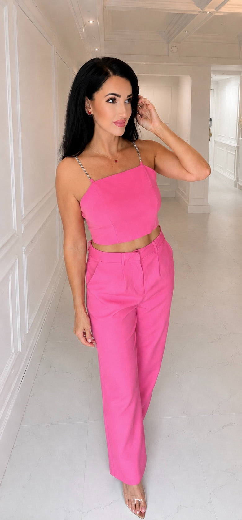 SLEEVELESS CROP TOP & BUTTON CLOSURE PANTS SATIN 2PC. SET