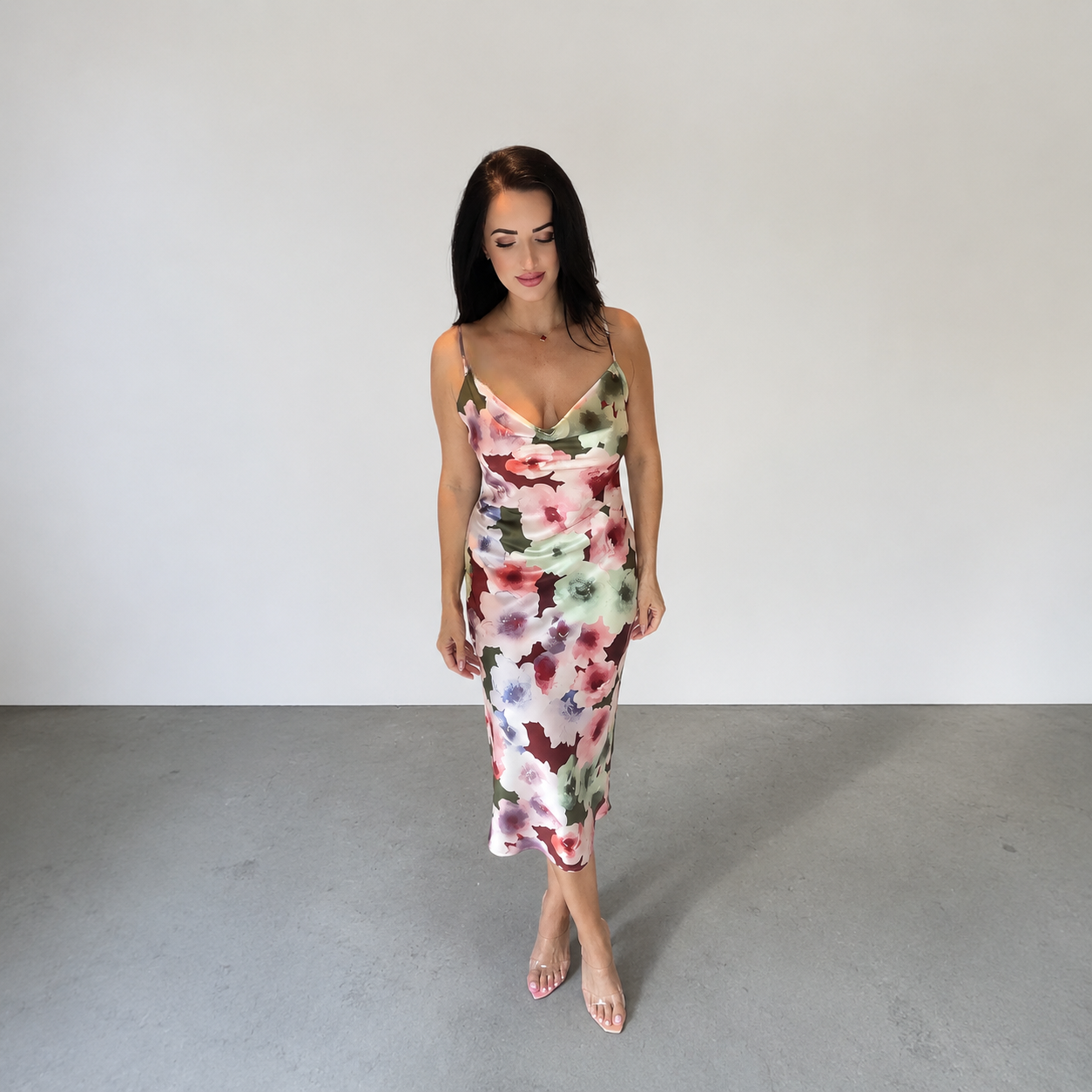 SATIN FLORAL MIDI DRESS
