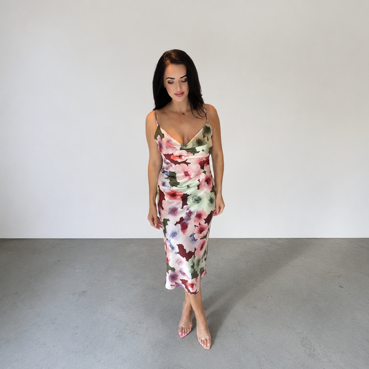 SATIN FLORAL MIDI DRESS