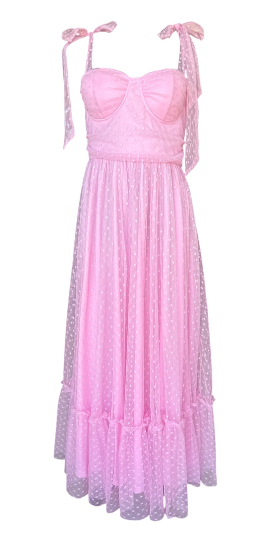 PINK SWISS DOT TULLE MIDI DRESS – SIZE LARGE