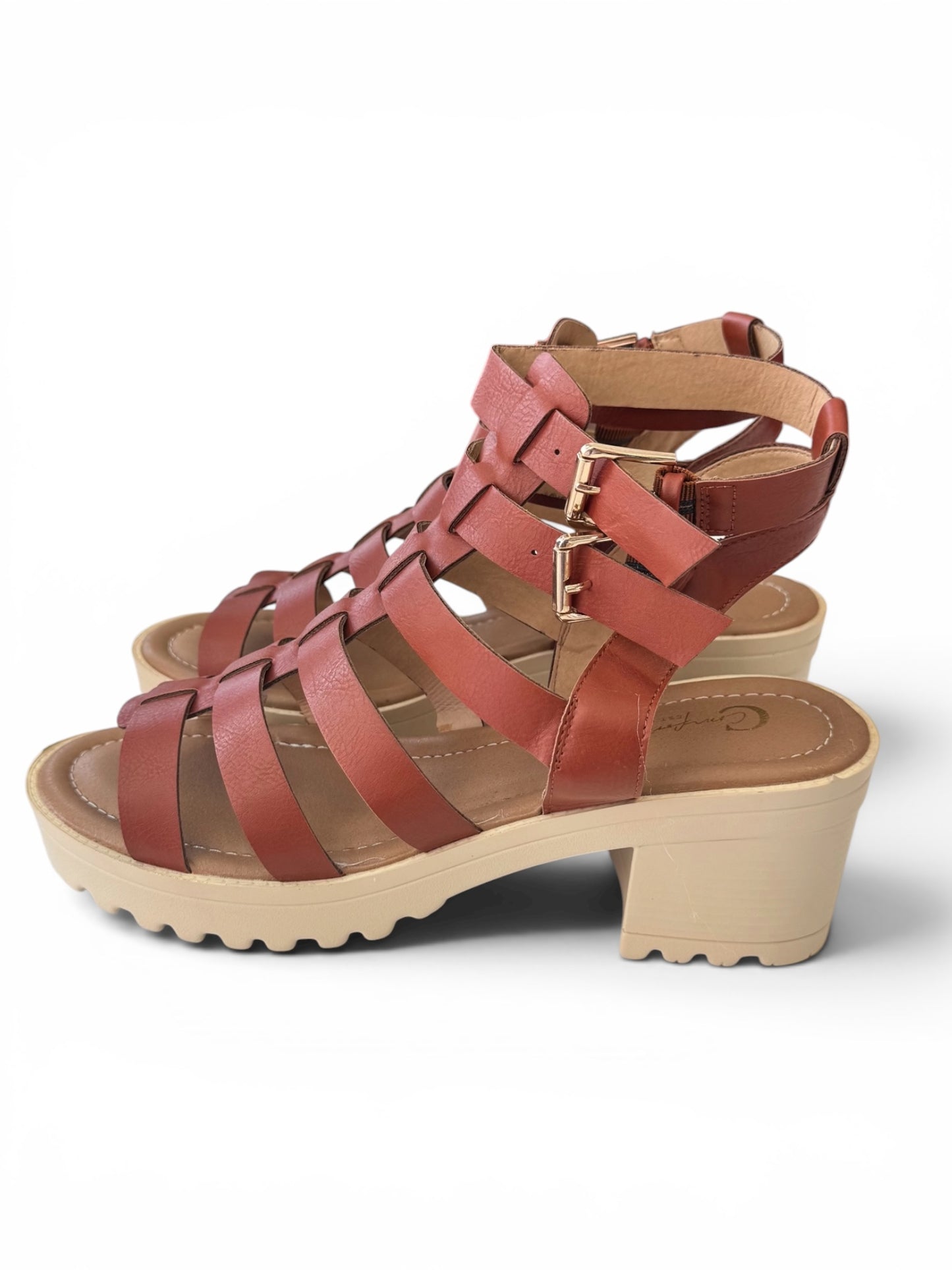 COMFORT COGNAC GLADIATOR PLATFORM SANDALS SIZE 9