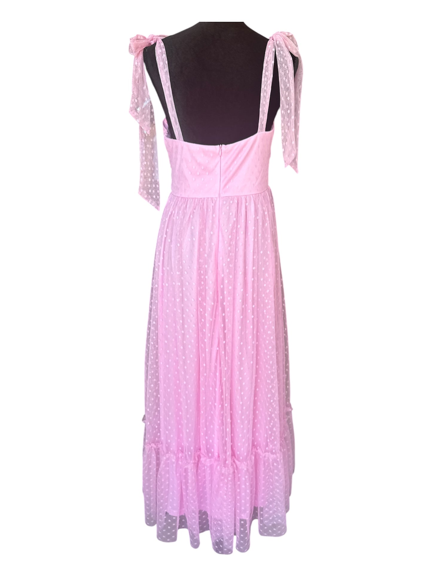 PINK SWISS DOT TULLE MIDI DRESS – SIZE LARGE