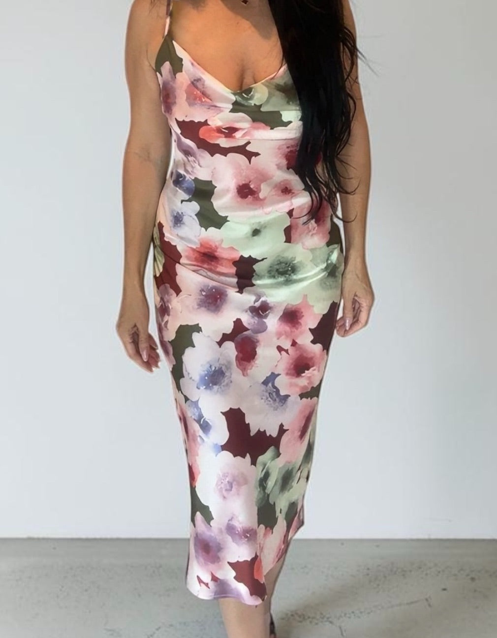 SATIN FLORAL MIDI DRESS