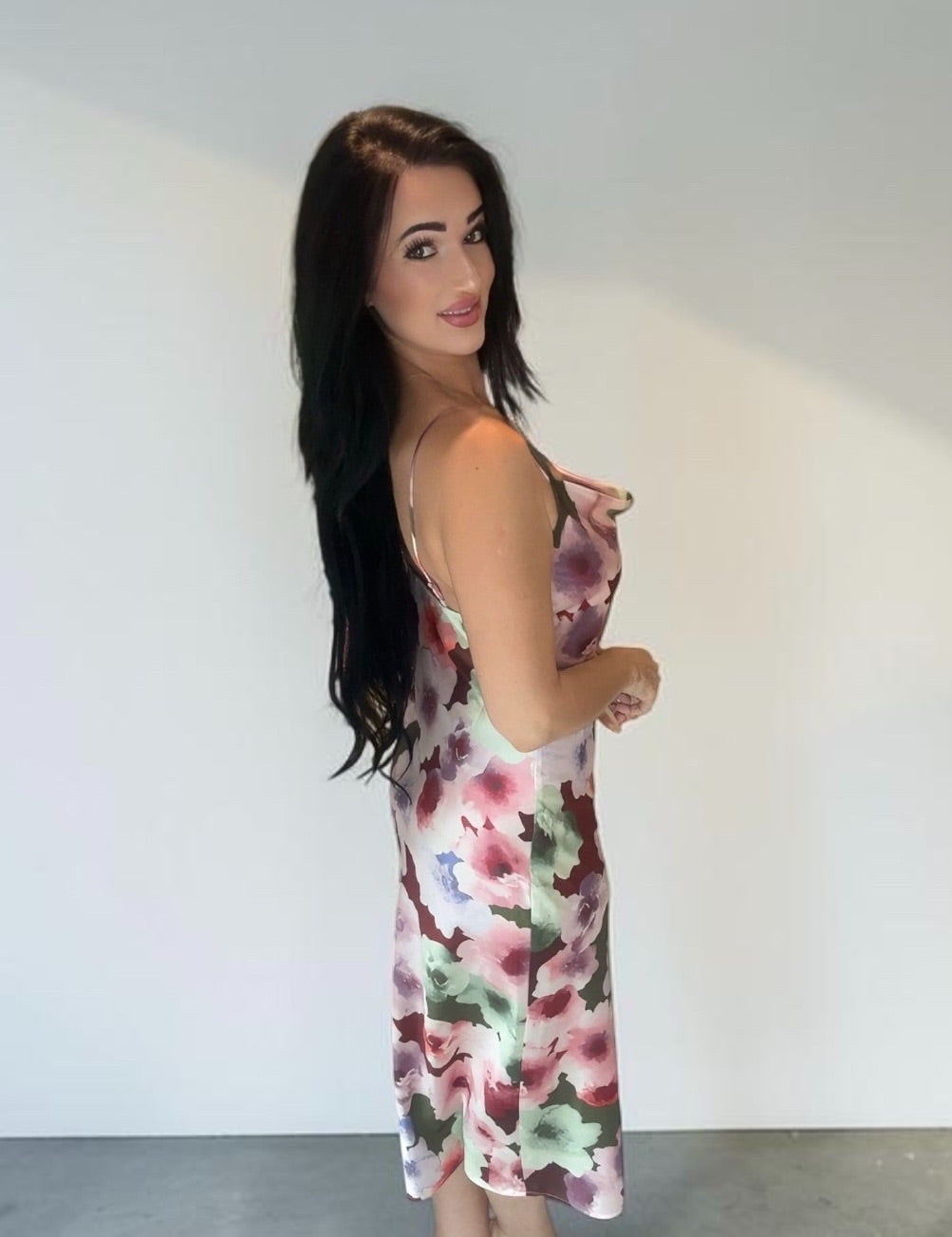 SATIN FLORAL MIDI DRESS
