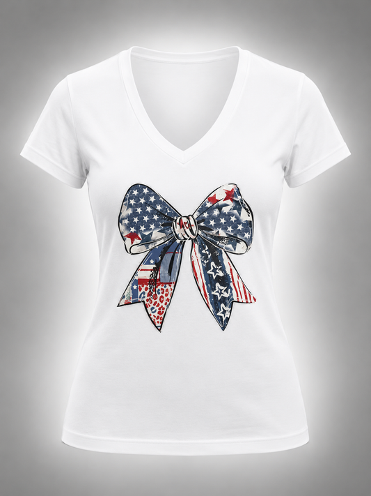 USA FLAG BOW V-NECK TEE – SIZE L