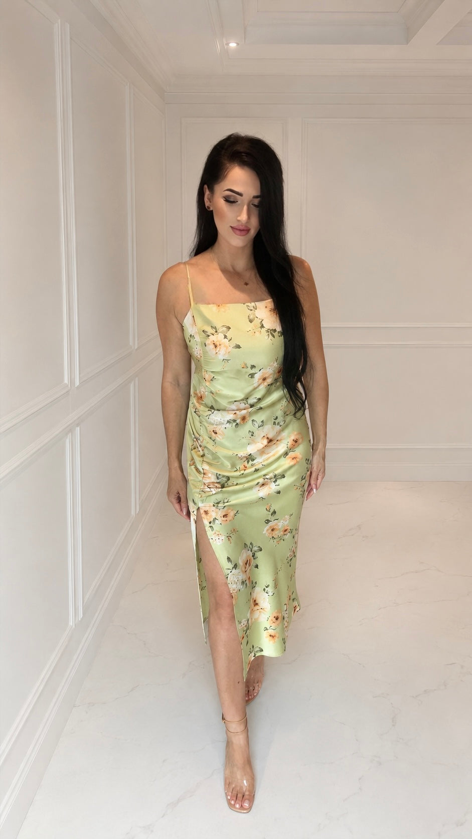 SATIN FLORAL SHIRRED PANEL MIDI DRESS