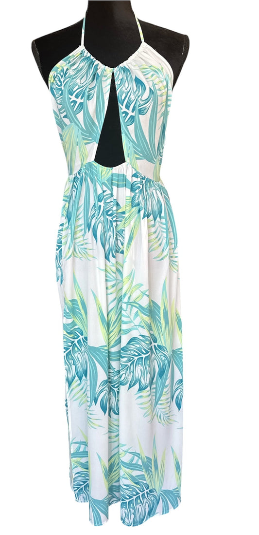 CUPSHE TROPICAL PALM PRINT OPEN BACK HALTER MAXI DRESS - SIZE L