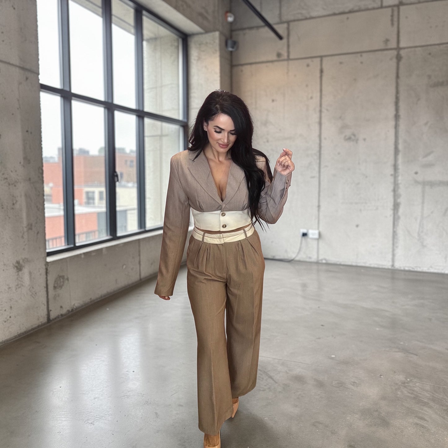 WOMEN'S LONG SLEEVE TOP & BUTTON CLOSURE PANTS COLORBLOCK 2PC. SET