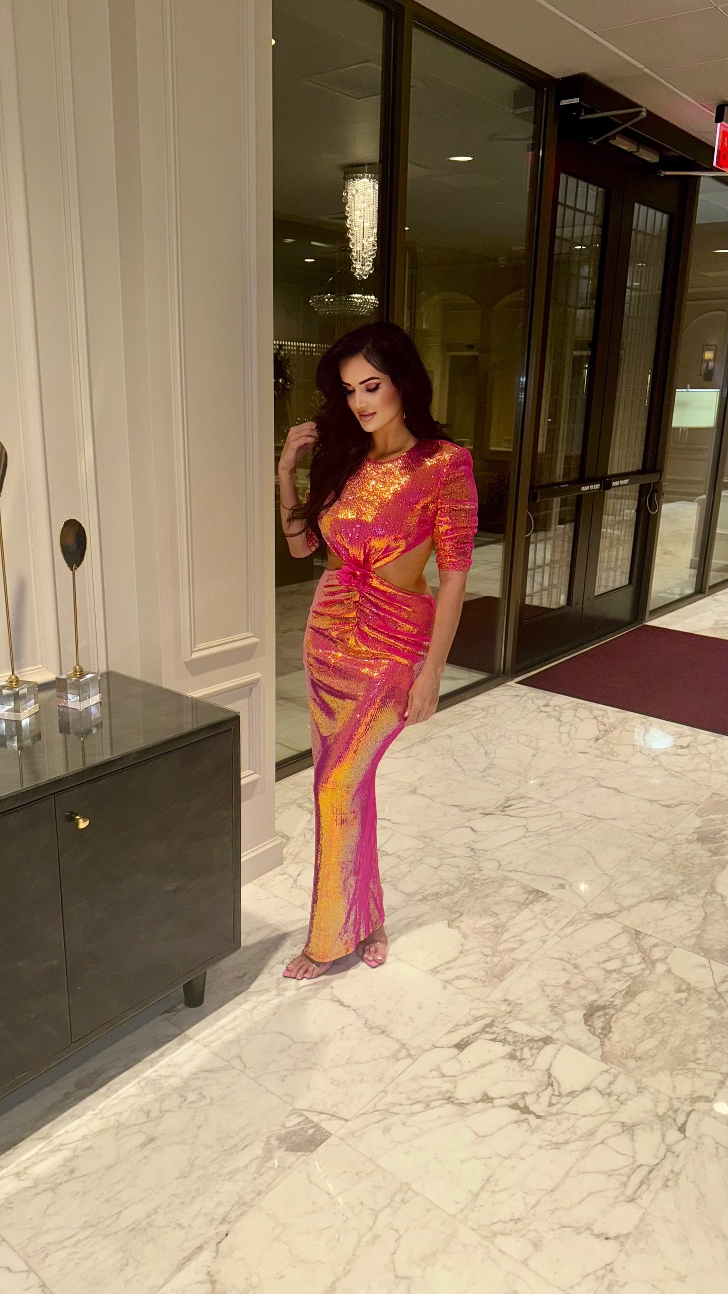 WOMEN'S LONG SLEEVE OPEN BACK CUT OUT BODYCON SEQUINS MAXI DRESS