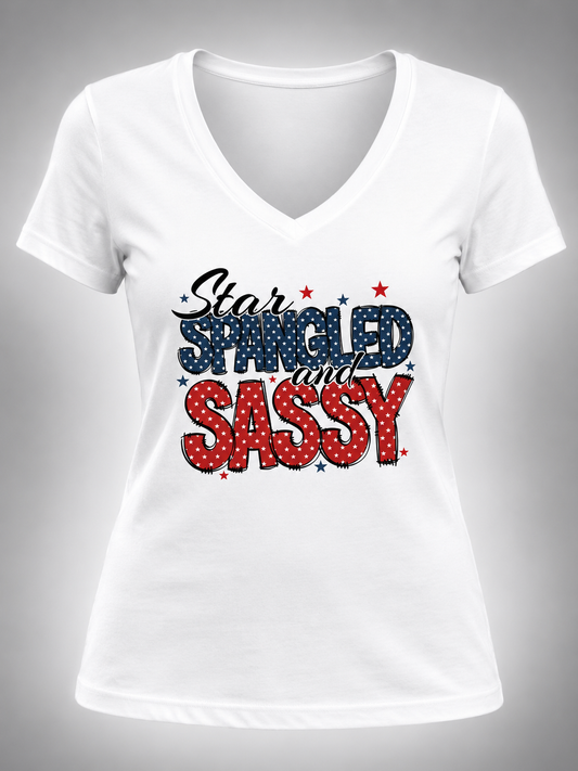 STAR SPANGLED AND SASSY V-NECK TEE – SIZE L