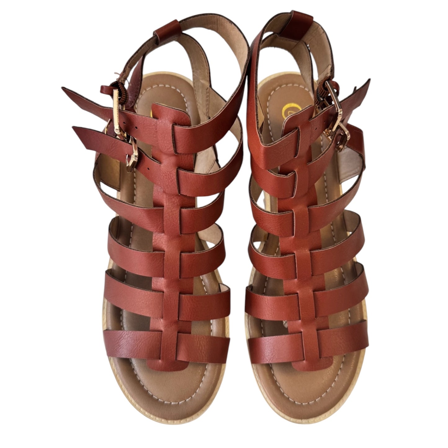 COMFORT COGNAC GLADIATOR PLATFORM SANDALS SIZE 9