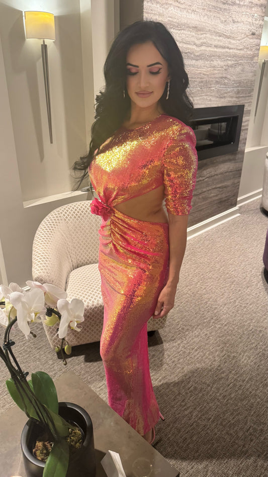 WOMEN'S LONG SLEEVE OPEN BACK CUT OUT BODYCON SEQUINS MAXI DRESS